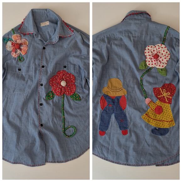 VTG 60s 70s Chambray Floral Applique Button Down Holly Hobbie L See Measurements - Picture 1 of 12